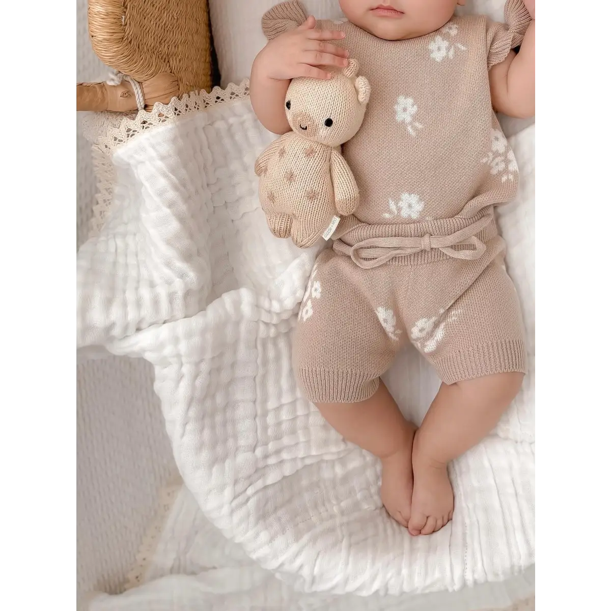 Organic Knit Short Set - Tan Floral - Harp Angel Boutique
