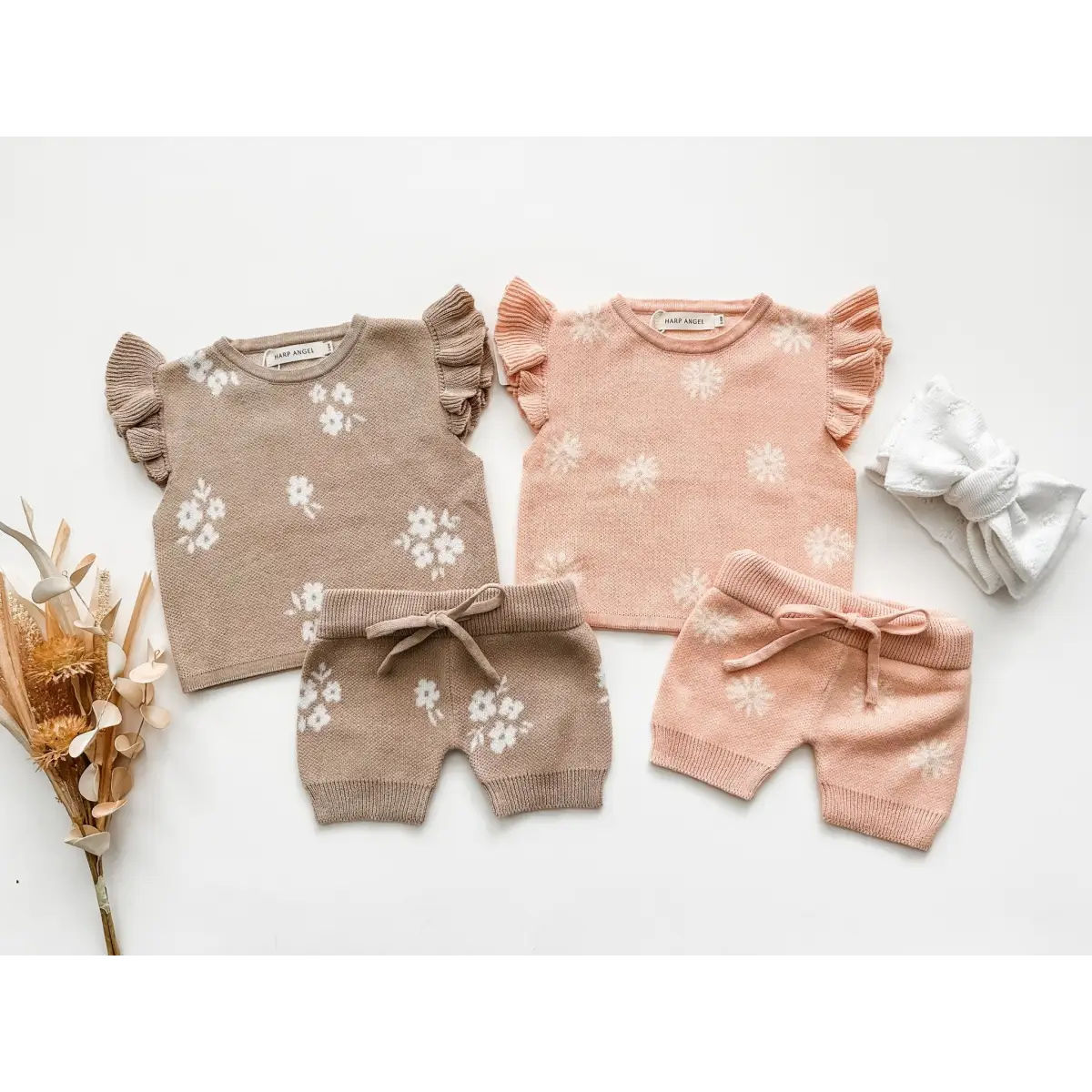 Organic Knit Short Set - Tan Floral - Harp Angel Boutique