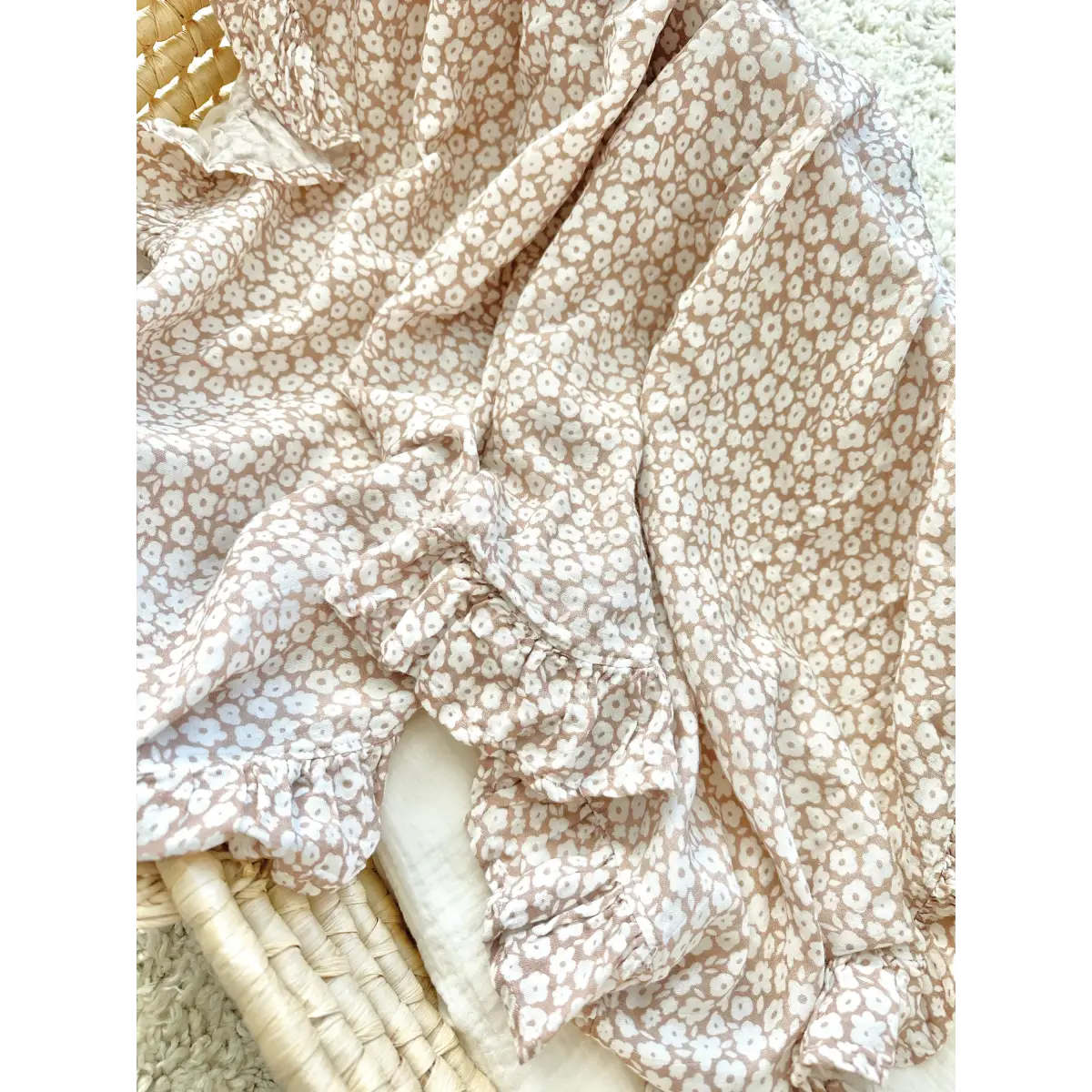 Organic Muslin Swaddle Blanket - Mocha Ditsy Floral Ruffle - Harp Angel Boutique