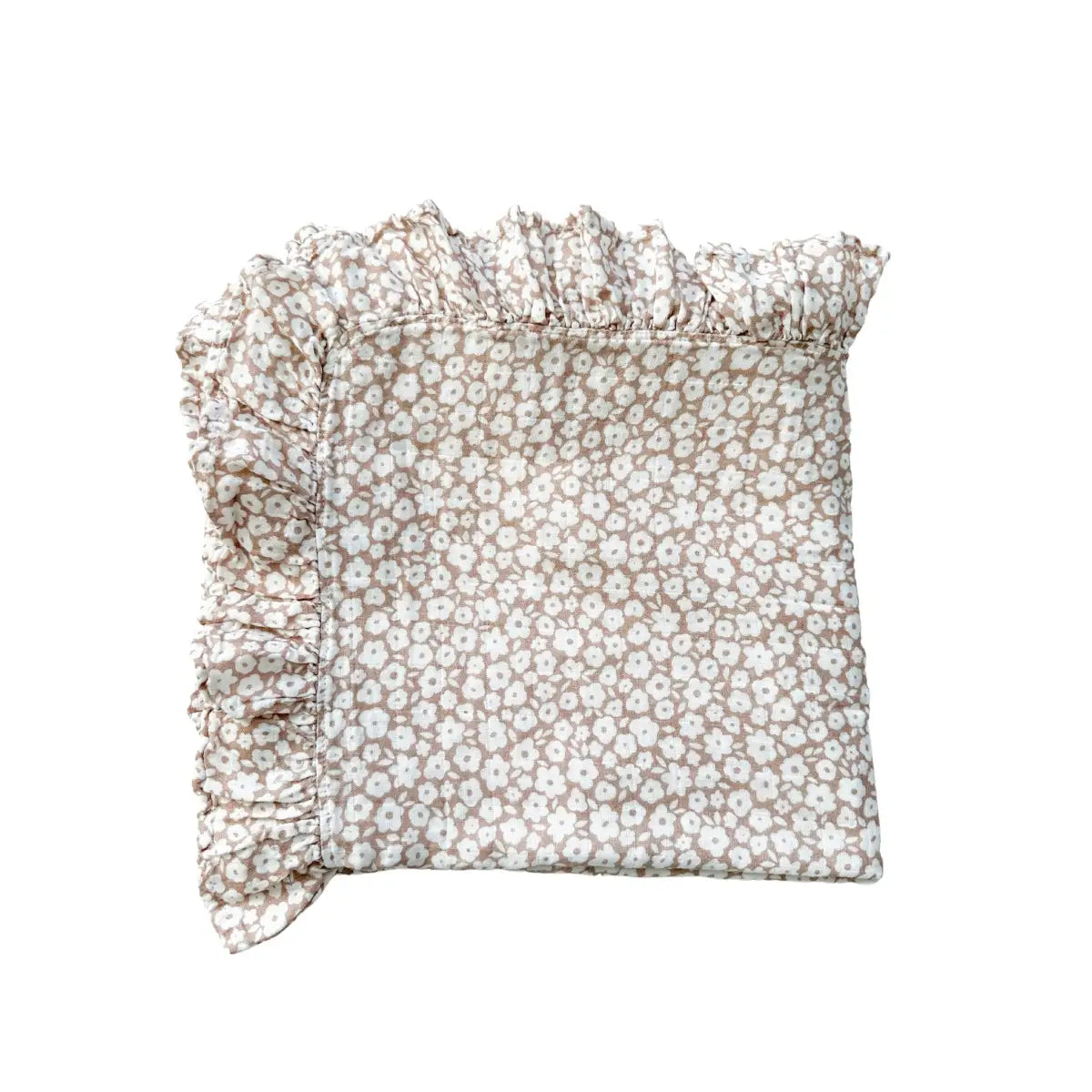 Organic Muslin Swaddle Blanket - Mocha Ditsy Floral Ruffle - Harp Angel Boutique