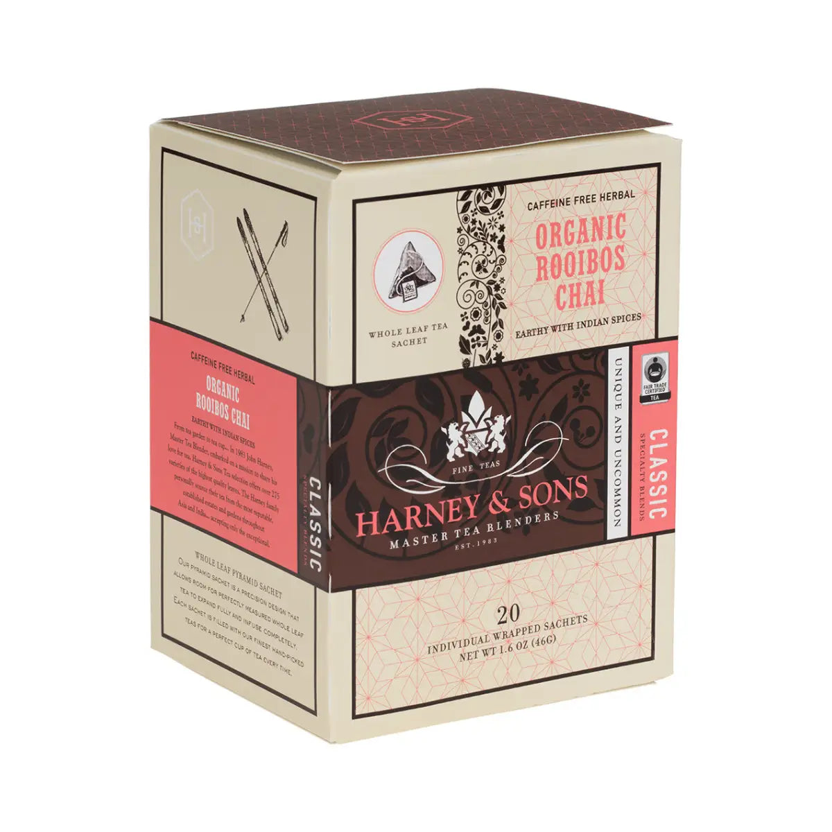 Organic Tea - Rooibos Chai Decaf - Loose or Sachets - Sachets / Box of 20 Individually Wrapped Sachets - Harney & Sons