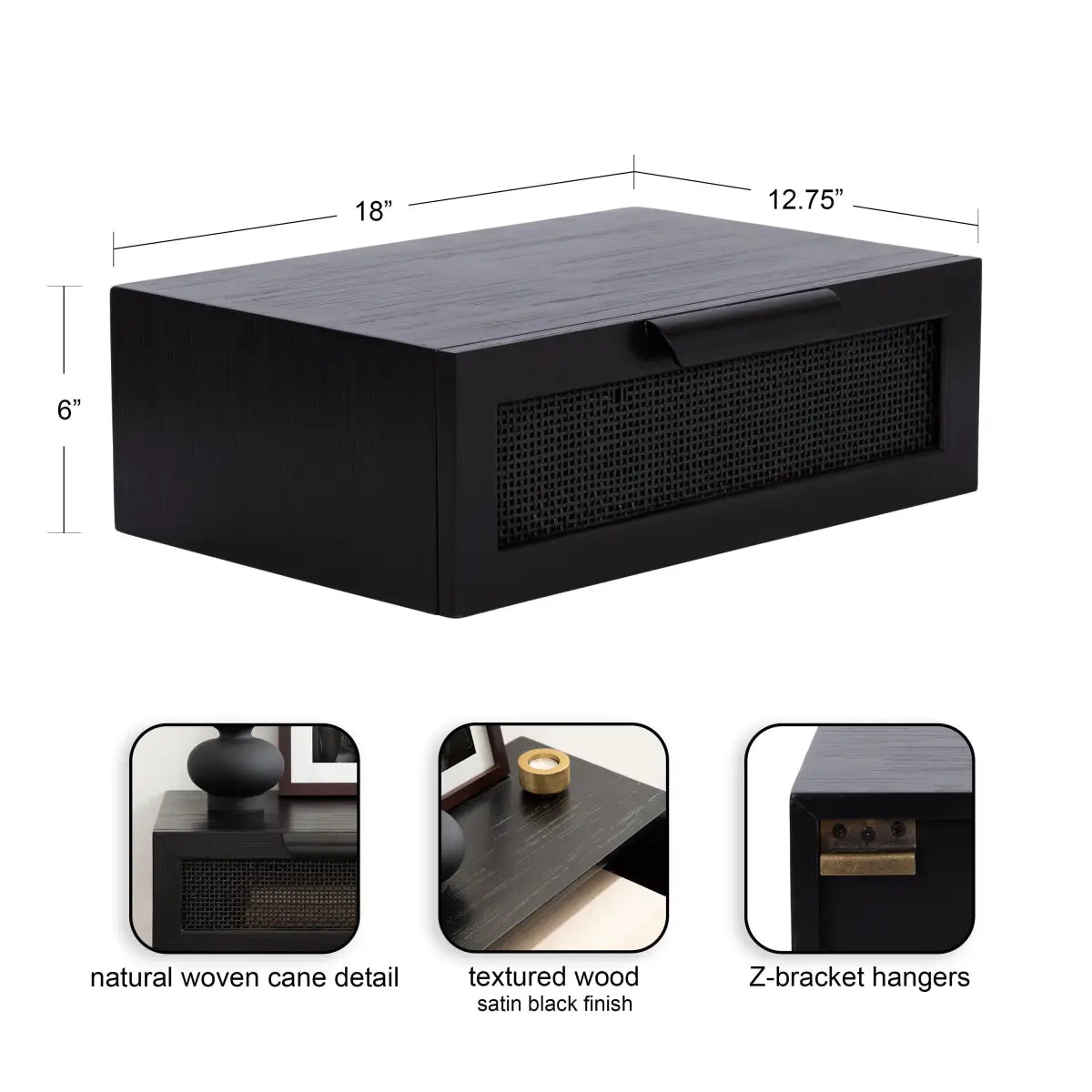 Ori Floating Rattan Side Table with Drawer - Black - kateandlaurel