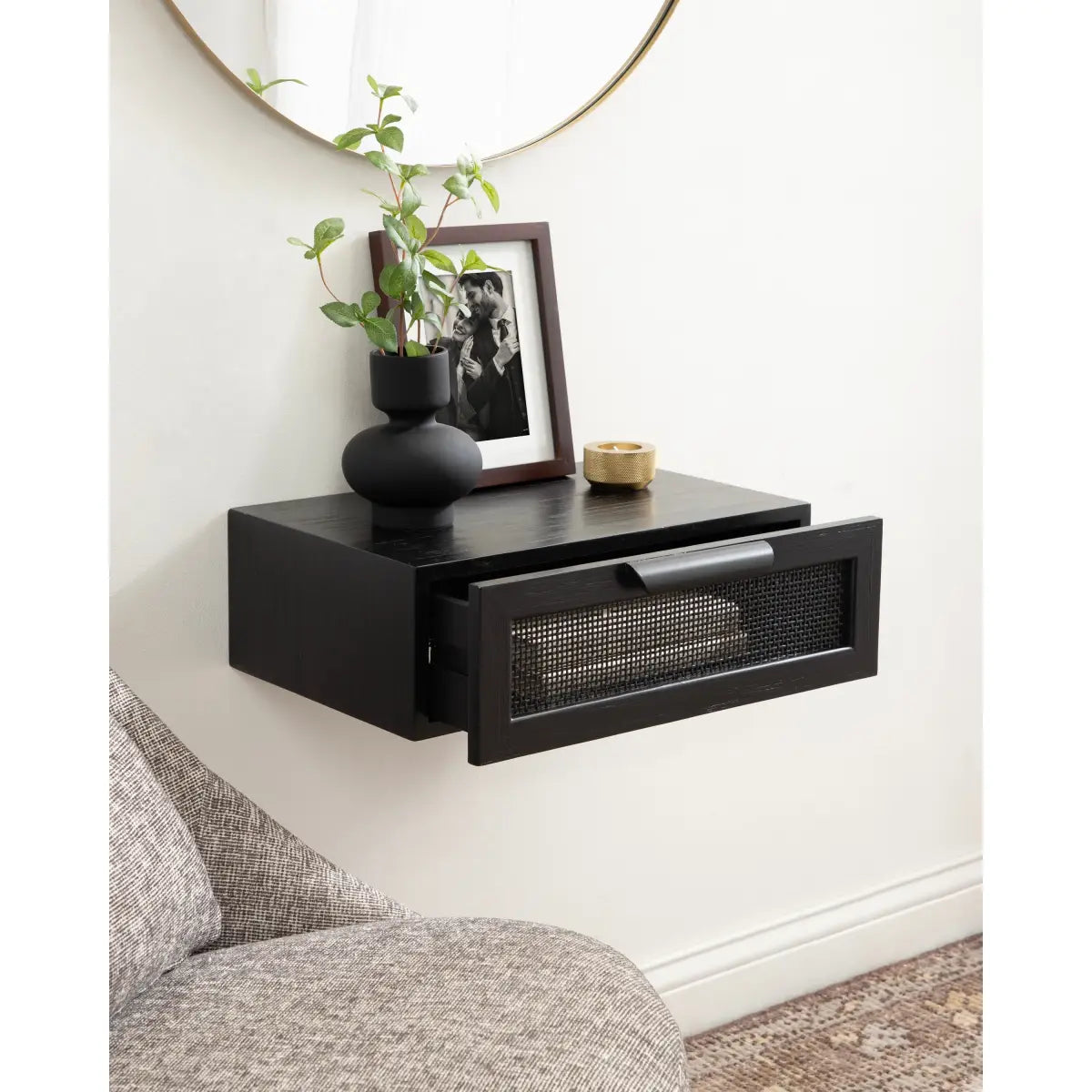 Ori Floating Rattan Side Table with Drawer - Black - kateandlaurel