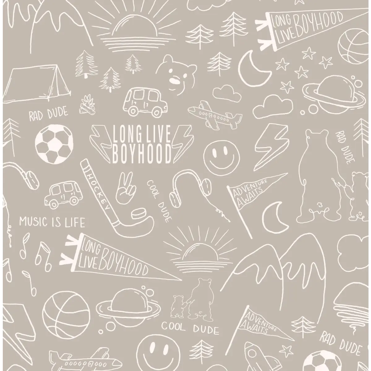Ozzy Wallpaper - Cool Boy Things - Line Drawings by Sabina Maria - Sample 1 foot by 1 foot / Beige and White - Loomwell