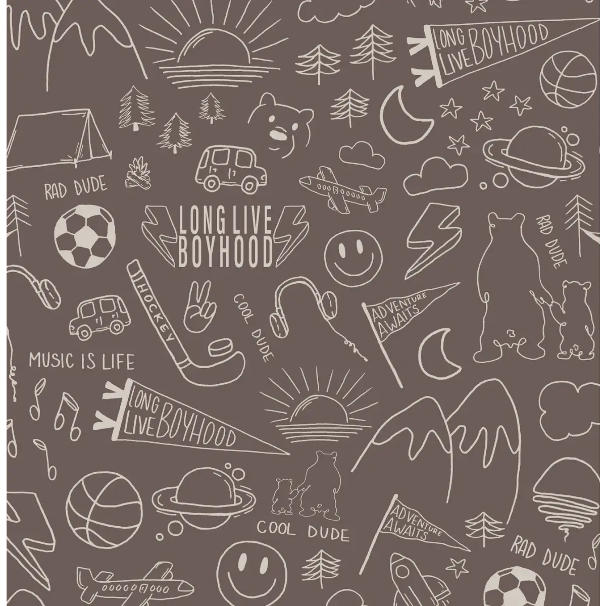 Ozzy Wallpaper - Cool Boy Things - Line Drawings by Sabina Maria - Sample 1 foot by 1 foot / Brown - Loomwell Home Goods