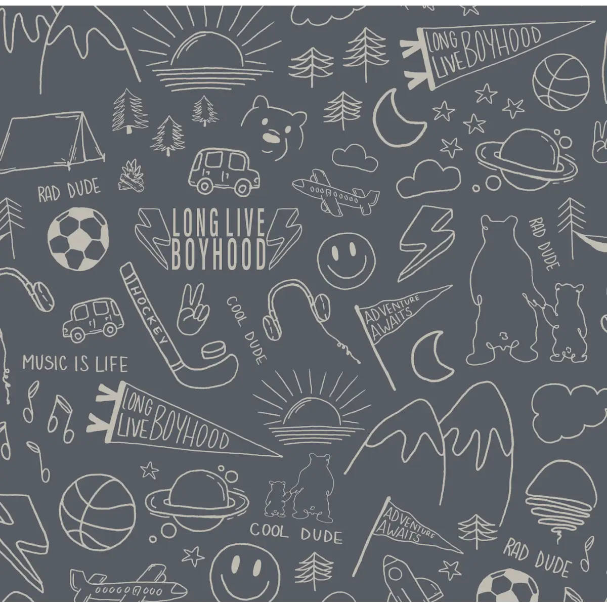 Ozzy Wallpaper - Cool Boy Things - Line Drawings by Sabina Maria - Sample 1 foot by 1 foot / Navy - Loomwell Home Goods