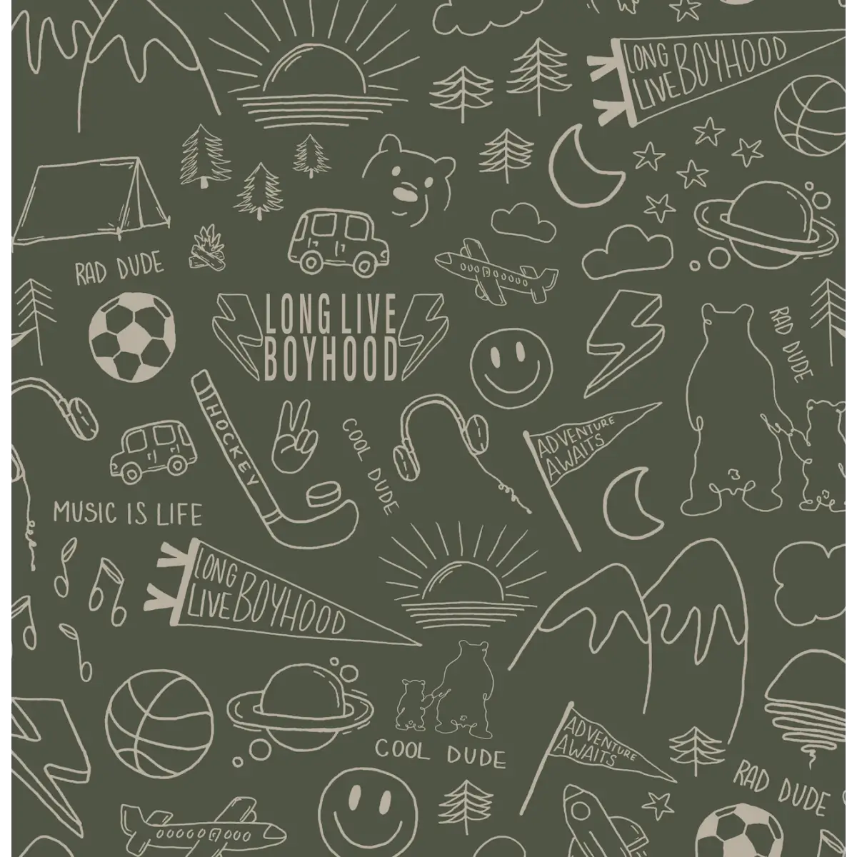 Ozzy Wallpaper - Cool Boy Things - Line Drawings by Sabina Maria - Sample 1 foot by 1 foot / Olive - Loomwell Home Goods