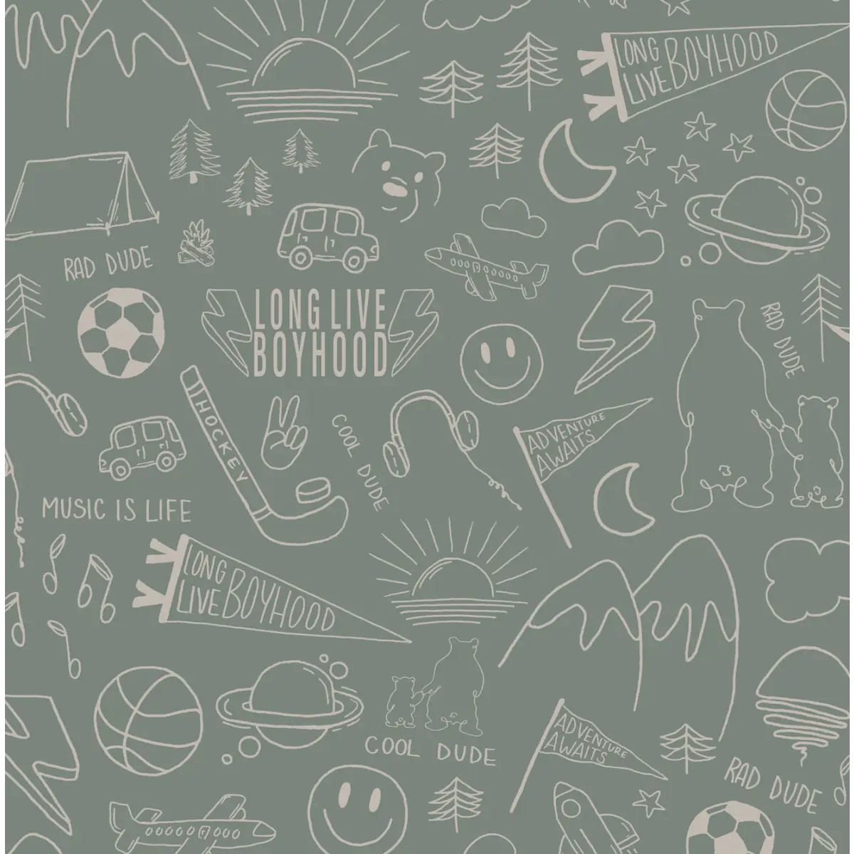 Ozzy Wallpaper - Cool Boy Things - Line Drawings by Sabina Maria - Sample 1 foot by 1 foot / Sage - Loomwell Home Goods