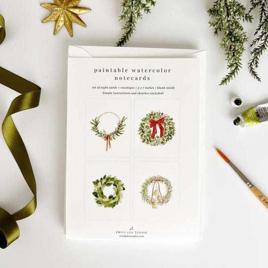 Watercolor Notecard Set - Christmas Wreaths - Paintable - emily lex studio