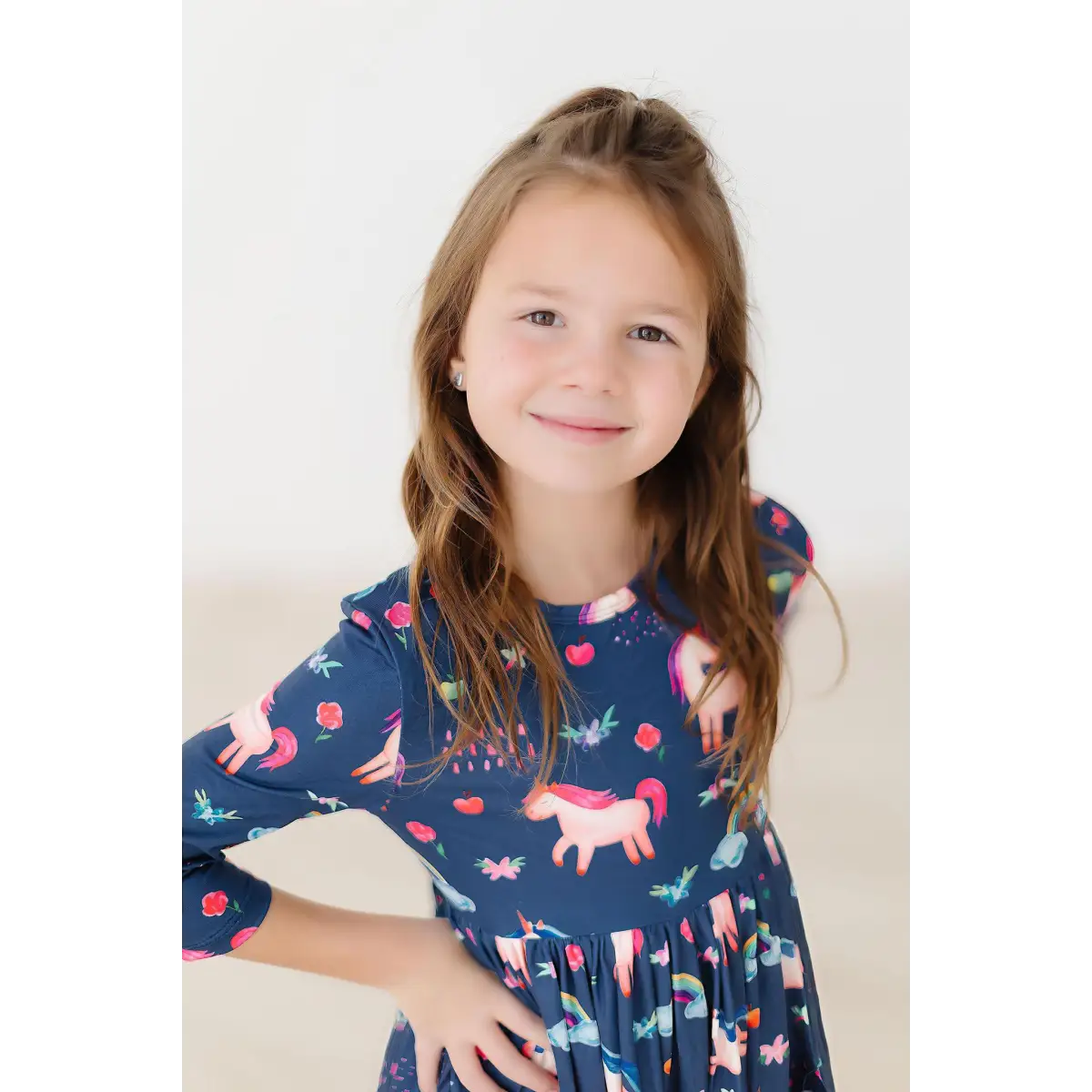 Pocket Twirl Dress - Unicorns and Rainbows - Painted Skies 3/4 Sleeve - Mila & Rose ®