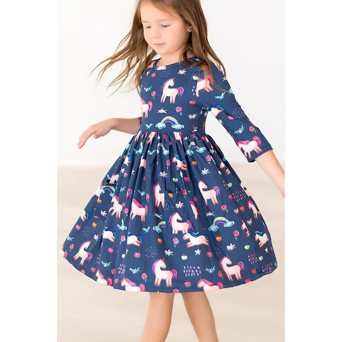 Pocket Twirl Dress - Unicorns and Rainbows - Painted Skies 3/4 Sleeve - 6-12M - Mila & Rose ®