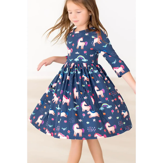 Pocket Twirl Dress - Unicorns and Rainbows - Painted Skies 3/4 Sleeve - 6-12M - Mila & Rose ®