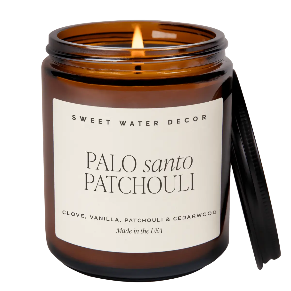 Palo Santo Patchouli Soy Candle - Amber Jar - 9 oz - Sweet Water Decor