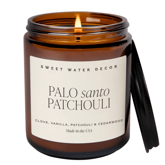 Palo Santo Patchouli Soy Candle - Amber Jar - 9 oz - Sweet Water Decor