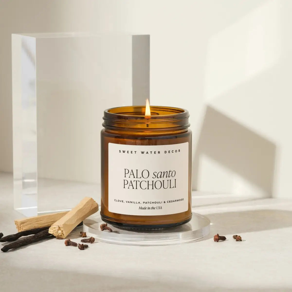 Palo Santo Patchouli Soy Candle - Amber Jar - 9 oz - Sweet Water Decor