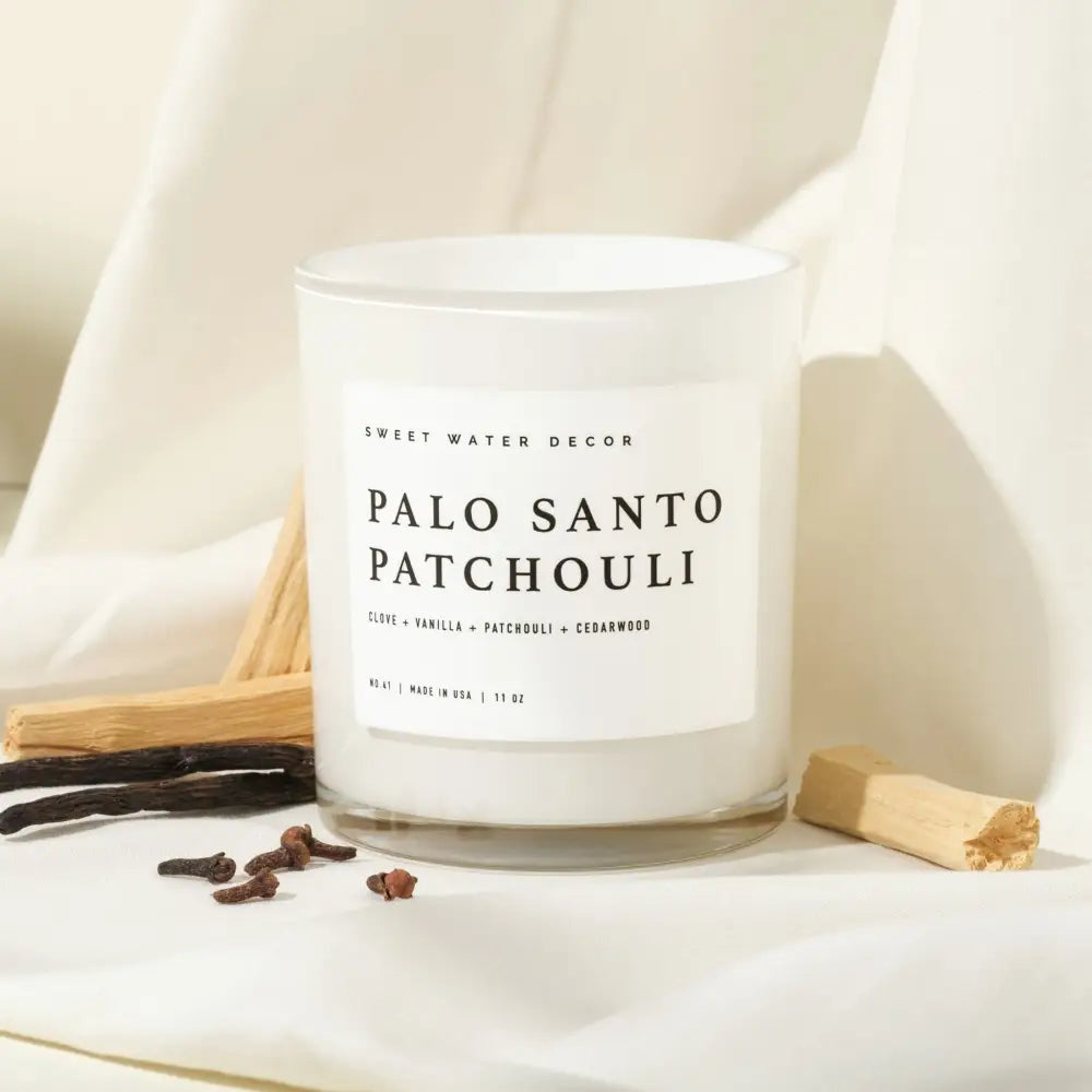 Palo Santo Patchouli Soy Candle - White Jar - 11 oz - Sweet Water Decor