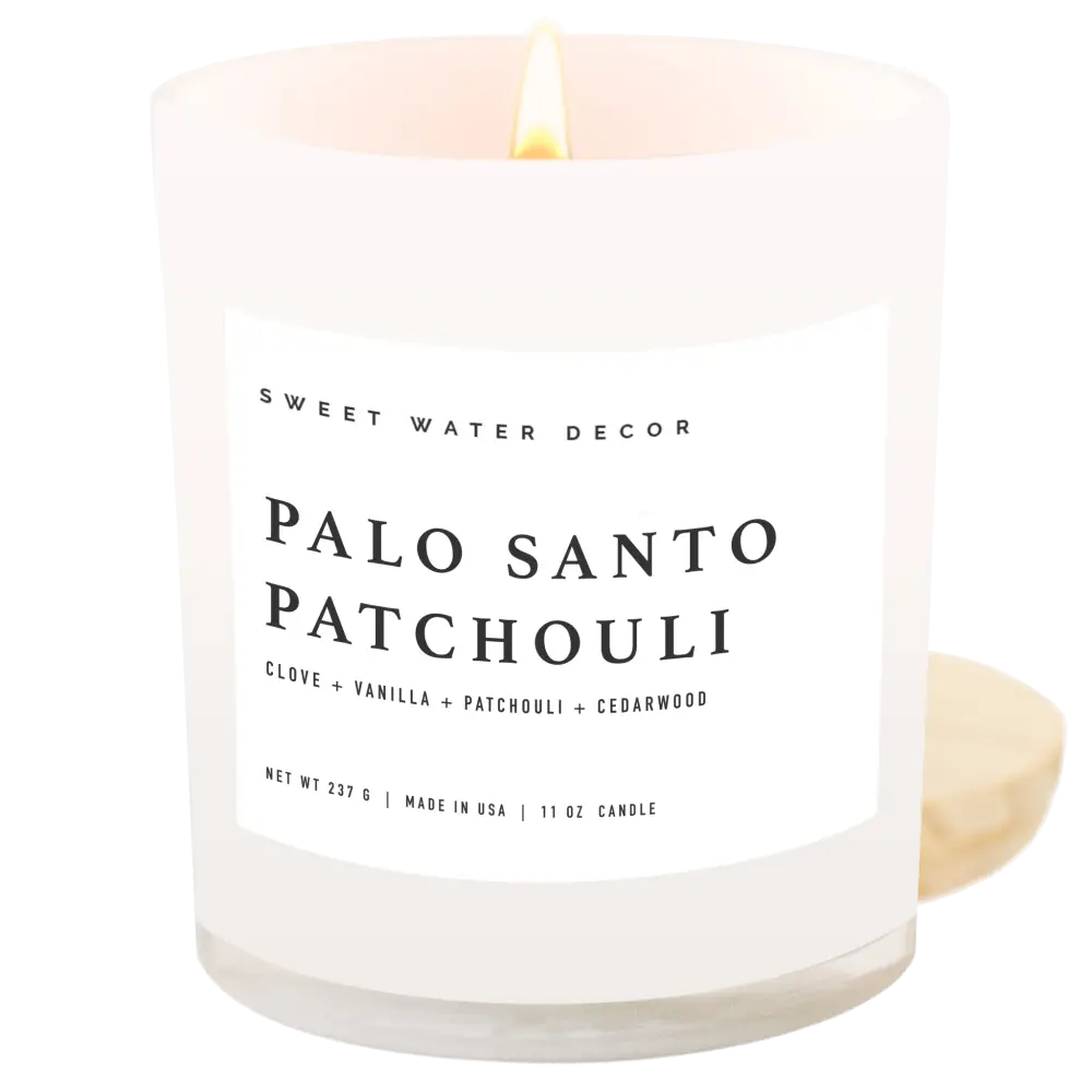 Palo Santo Patchouli Soy Candle - White Jar - 11 oz - Sweet Water Decor