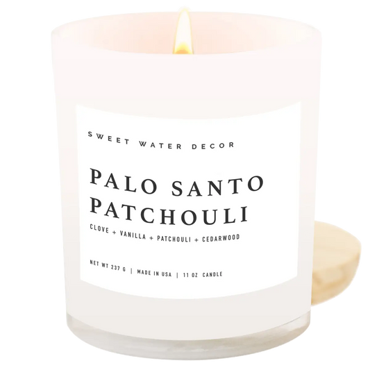 Palo Santo Patchouli Soy Candle - White Jar - 11 oz - Sweet Water Decor