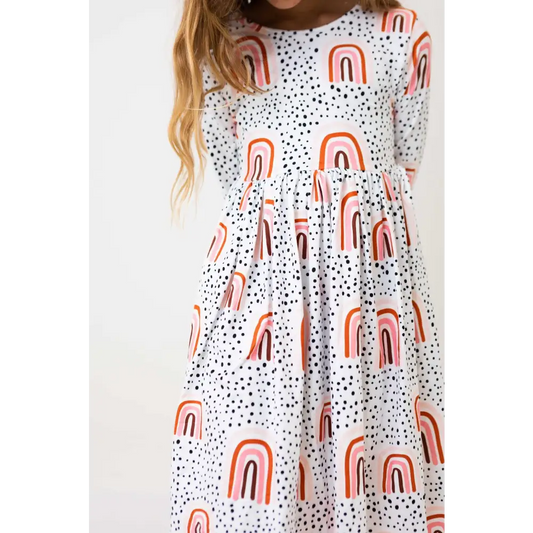 Peach Rainbow 3/4 Sleeve Pocket Twirl Dress - Mila & Rose ®