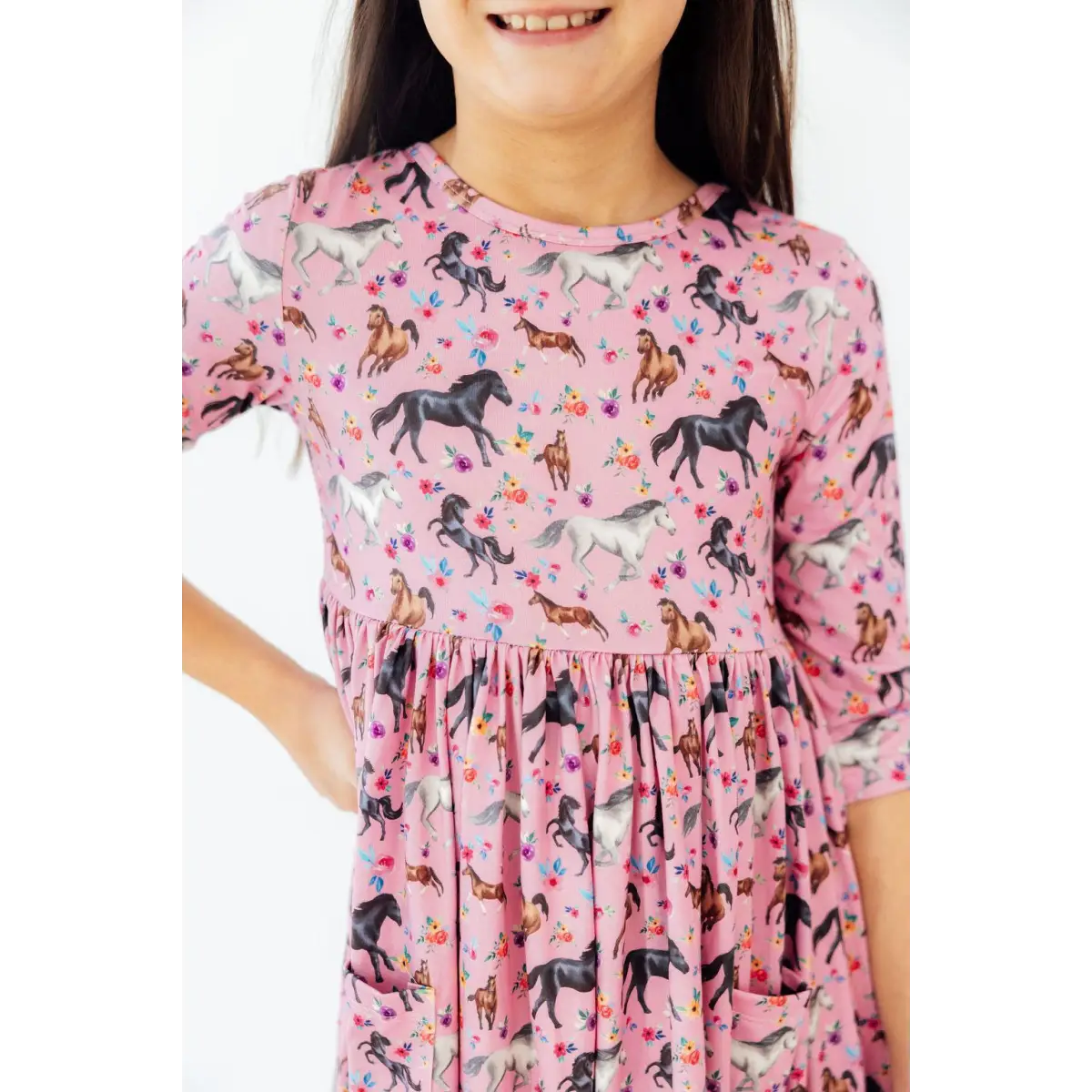 Pocket Twirl Dress - Petals & Ponies - Horses - 3/4 Sleeve - 6-12M - Mila & Rose ®