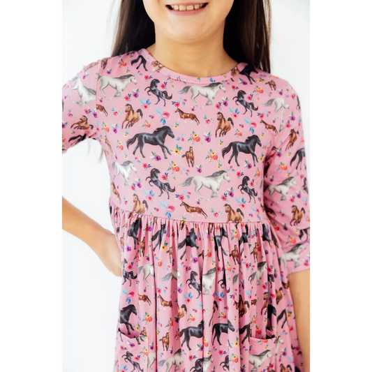 Pocket Twirl Dress - Petals & Ponies - Horses - 3/4 Sleeve - 6-12M - Mila & Rose ®