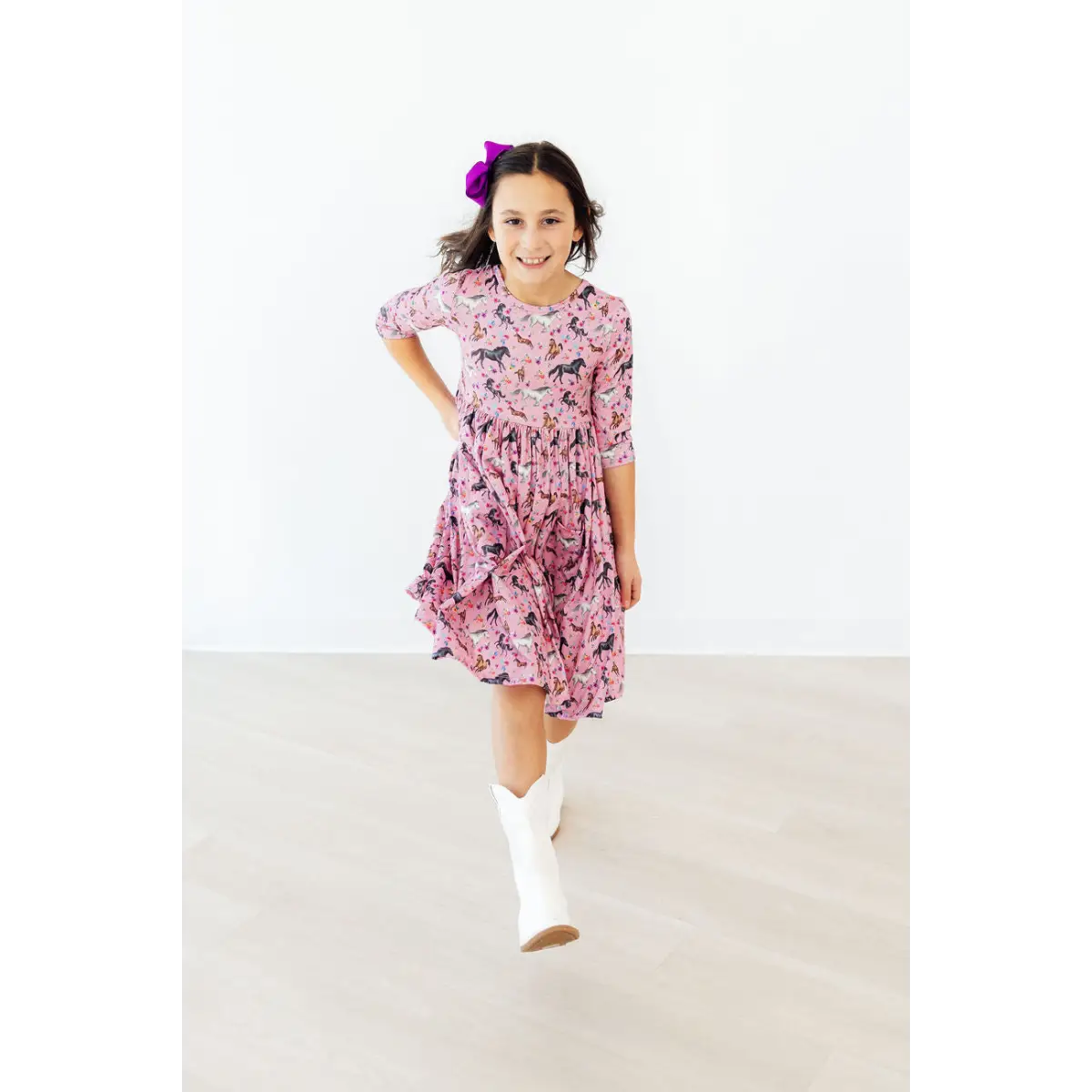 Pocket Twirl Dress - Petals & Ponies - Horses - 3/4 Sleeve - Mila & Rose ®