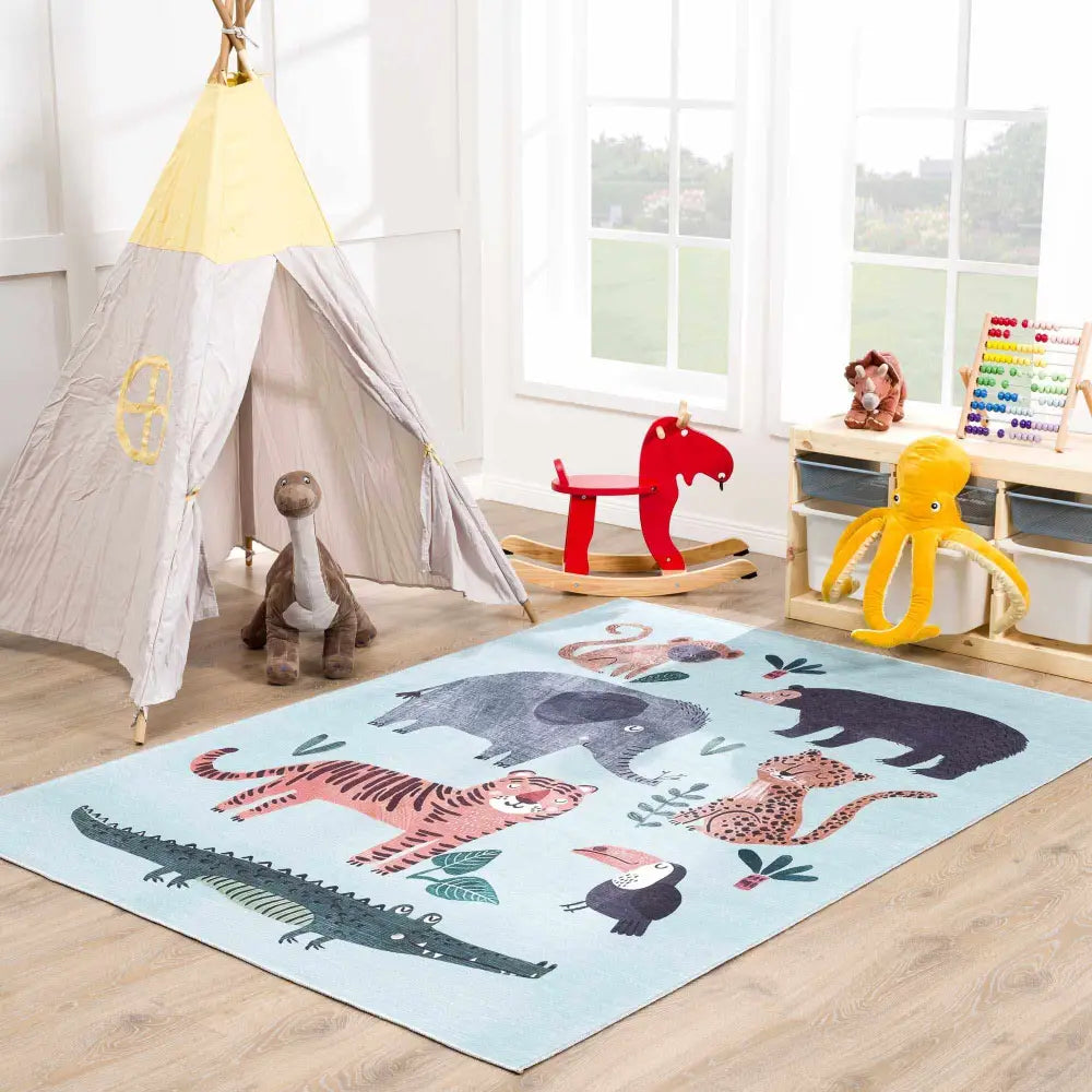 Petey Blue Animal Print Washable Kids Rug - Boutique Rugs