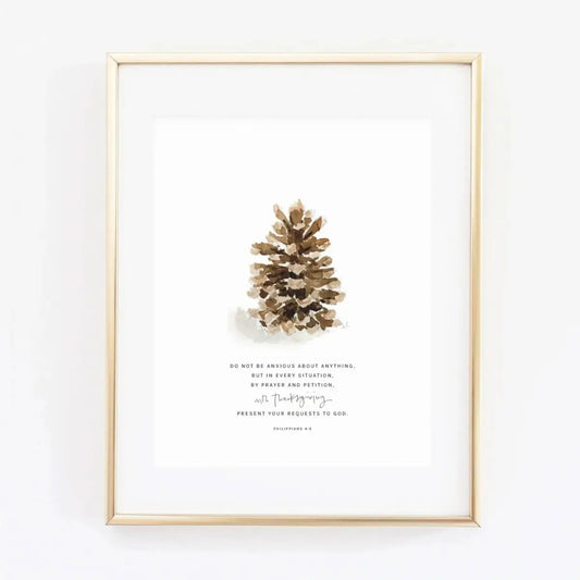 Autumn Watercolor Print - Pinecone with Scripture - Philippians 4:6 - emily lex studio
