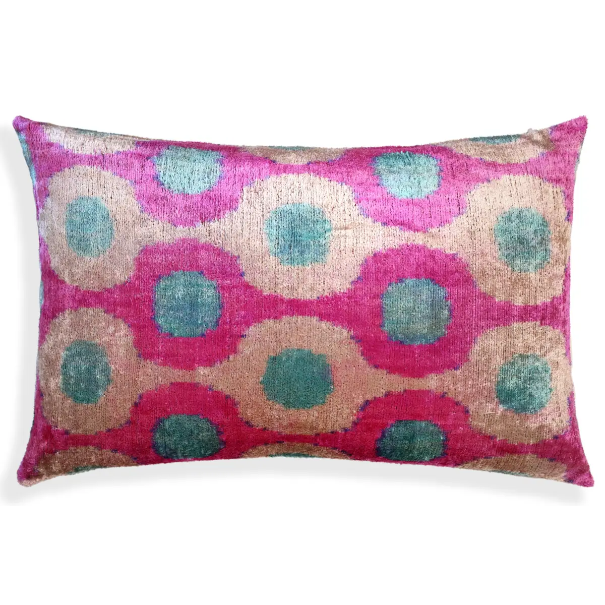Pink and Aqua Circle Silk Velvet Pillow 16x24 Handmade Luxury Cushion - Canvello