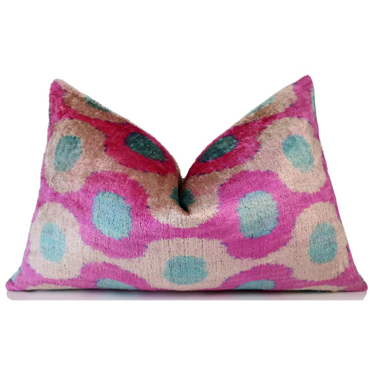 Pink and Aqua Circle Silk Velvet Pillow 16x24 Handmade Luxury Cushion - Canvello
