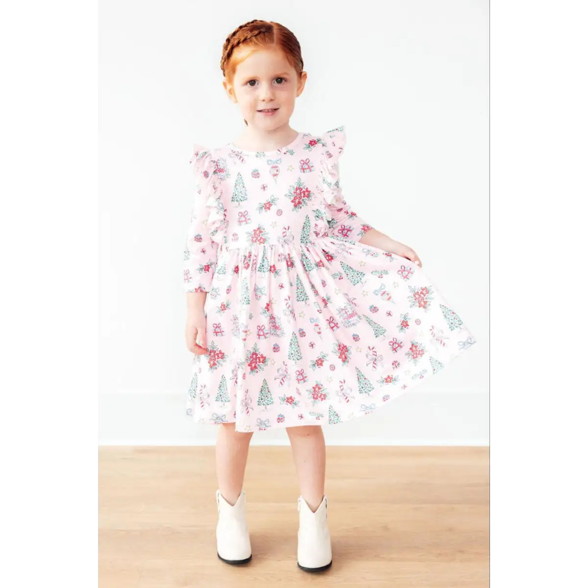 Pink Christmas 3/4 Sleeve Ruffle Twirl Dress - Mila & Rose ®