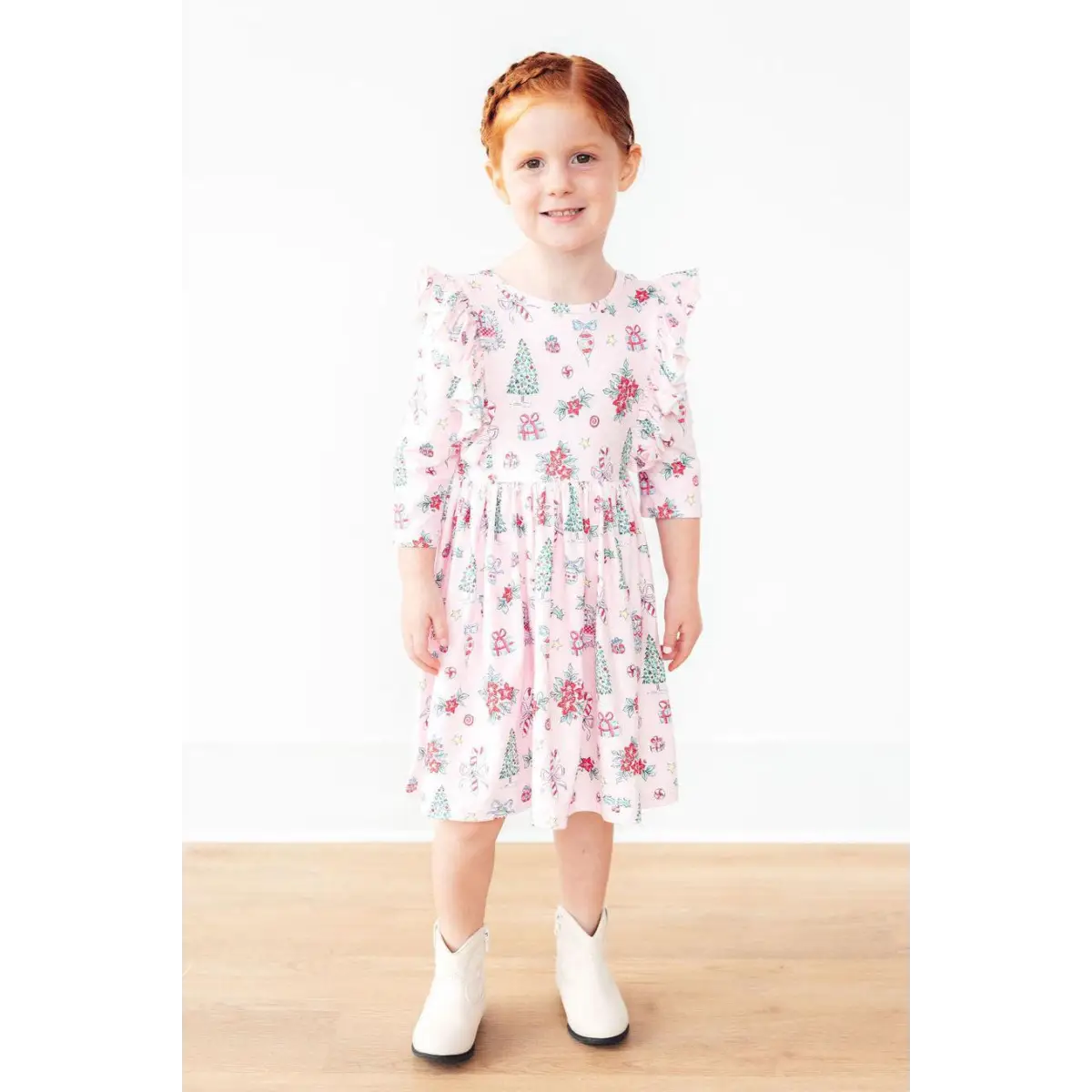 Pink Christmas 3/4 Sleeve Ruffle Twirl Dress - Mila & Rose ®