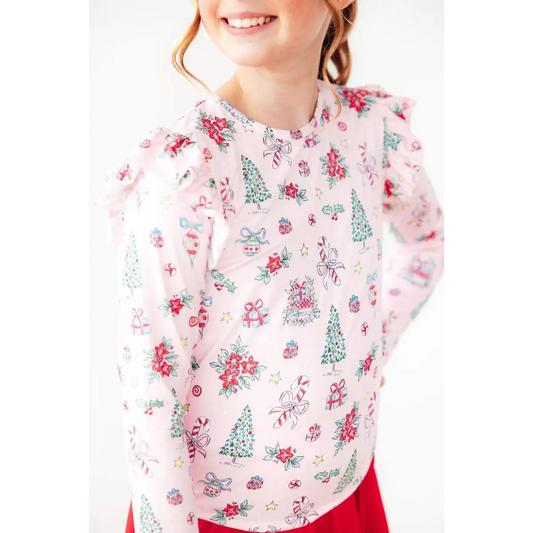 Pink Christmas L/S Ruffle Tee - Mila & Rose ®