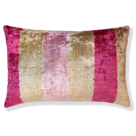 Pink Gold Striped Silk Velvet Lumbar Pillow – 16x24 Handmade Luxury Cushion - Canvello