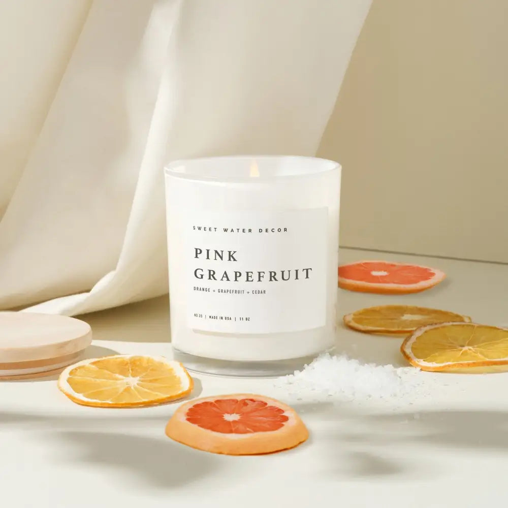 Pink Grapefruit Soy Candle - White Jar - 11 oz - Sweet Water Decor