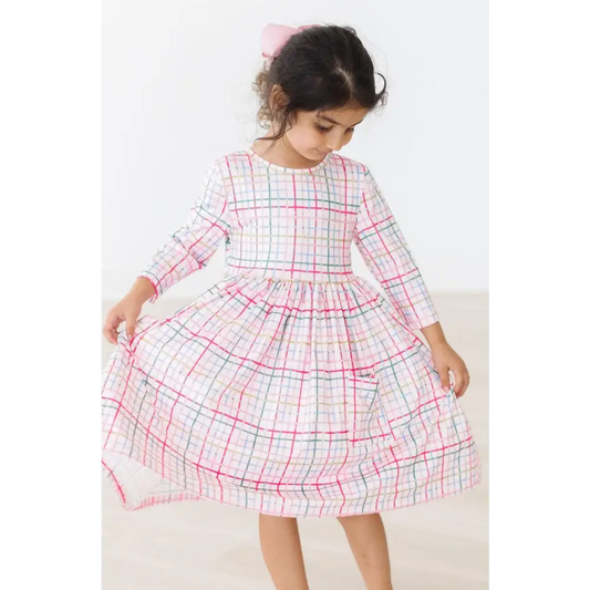 Pink Plaid 3/4 Sleeve Pocket Twirl Dress - Mila & Rose ®