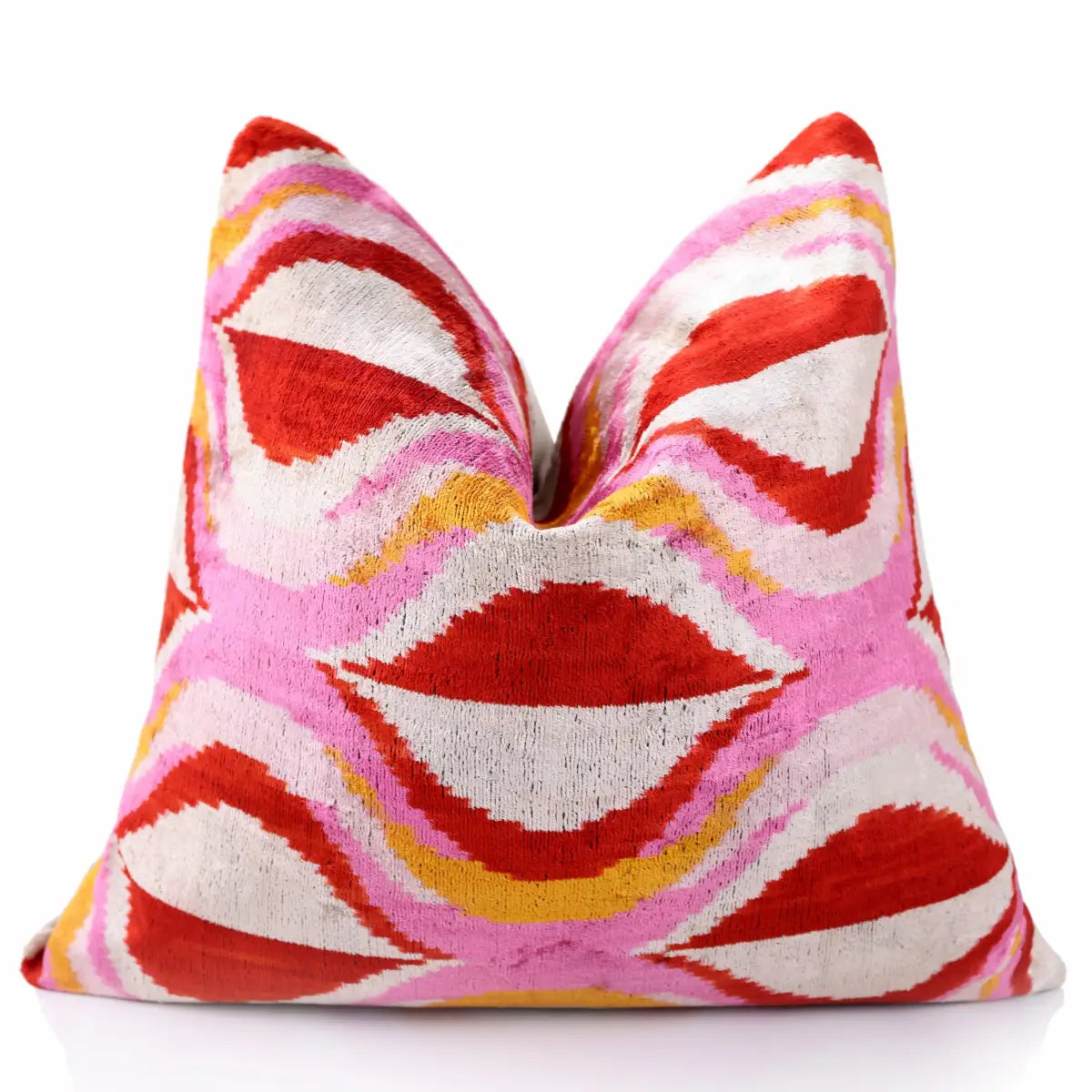 Pink Red Wave Silk Velvet Pillow – 20x20 Handmade Ikat Throw Cushion - Canvello