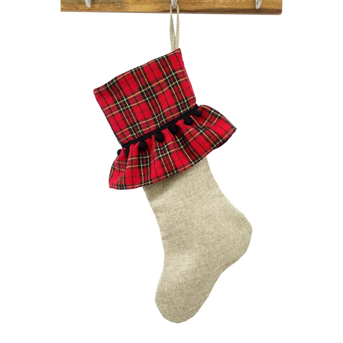 Plaid Ruffle and Pom Pom Holiday Stocking - Fennco Styles