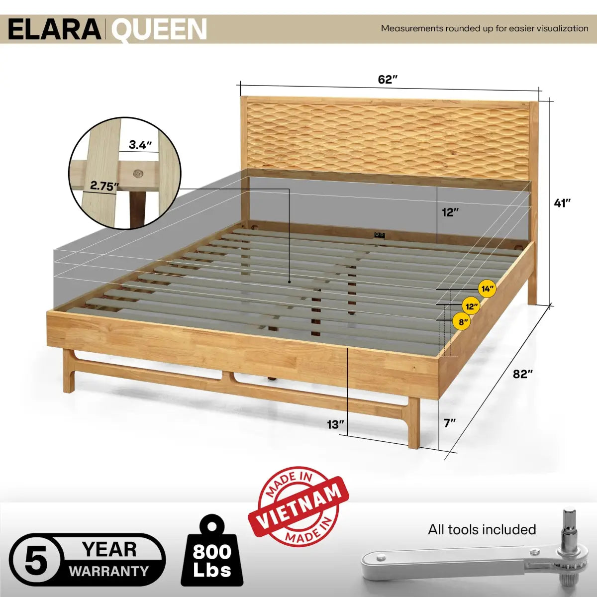 Platform Bed Frame with Headboard - Acacia Elara - Stylish and Durable Design - Megsu