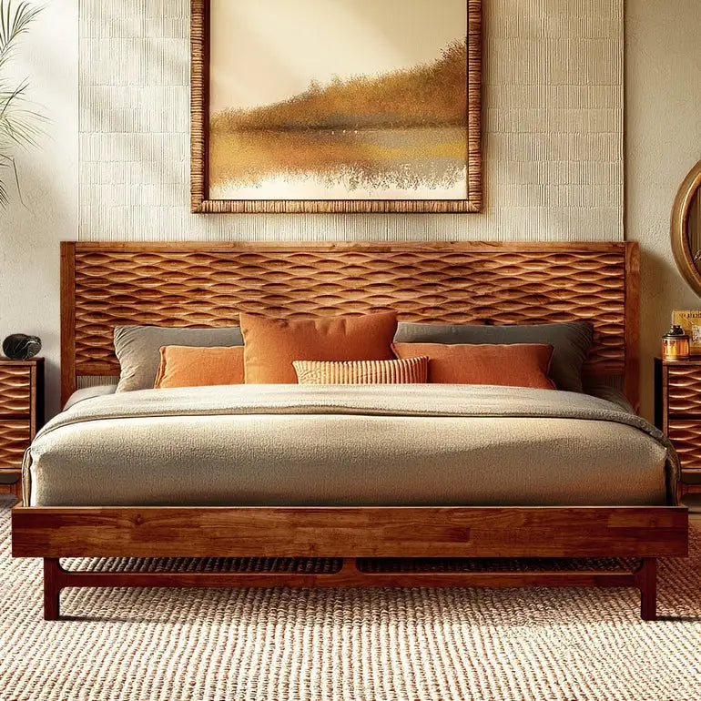 Platform Bed Frame with Headboard - Acacia Elara - Stylish and Durable Design - Walnut / King - Megsu