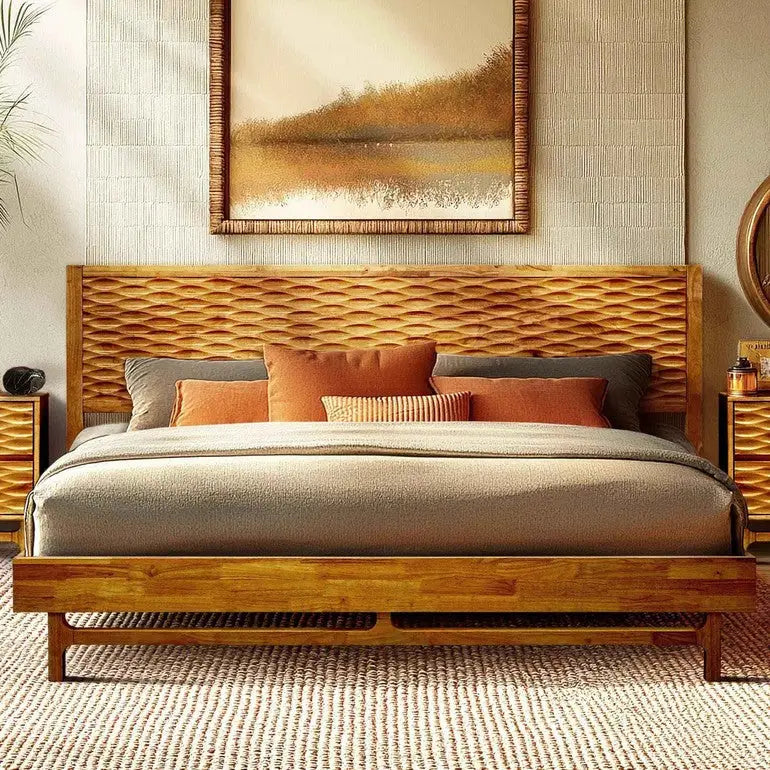 Platform Bed Frame with Headboard - Acacia Elara - Stylish and Durable Design - Caramel / King - Megsu
