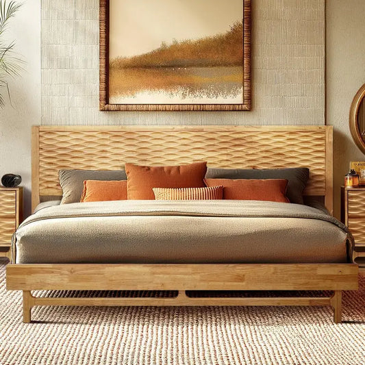 Platform Bed Frame with Headboard - Acacia Elara - Stylish and Durable Design - Natural Oak / King - Megsu