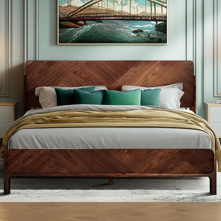 Platform Bed Frame with Headboard - Rorns Bifrost - Modern Bedrooms - Walnut / King - Megsu