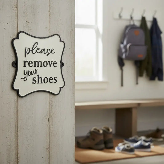 Please Remove Your Shoes - Cast Iron Wall Sign - Black and White - Iron & Blossom