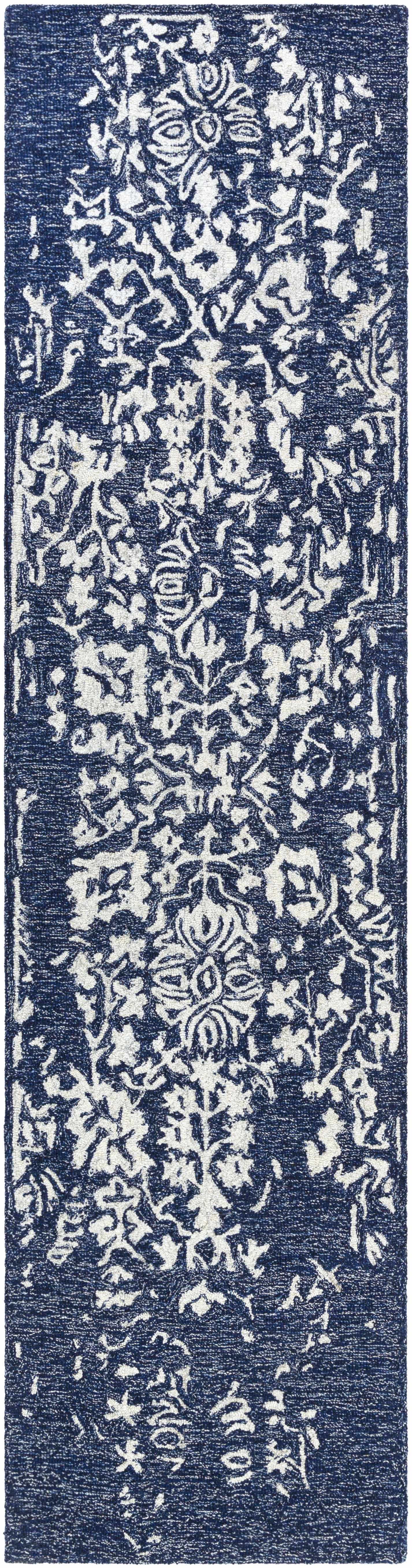 Navy Blue Patterned Wool Area Carpet - 2’6’’ x 10’ Runner - Boutique Rugs