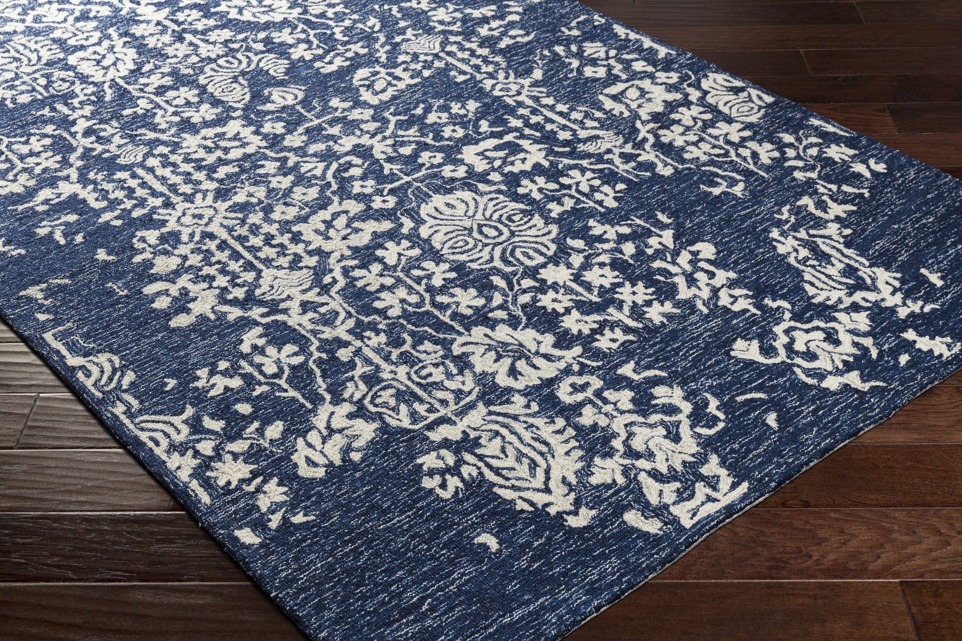 Navy Blue Patterned Wool Area Carpet - Boutique Rugs