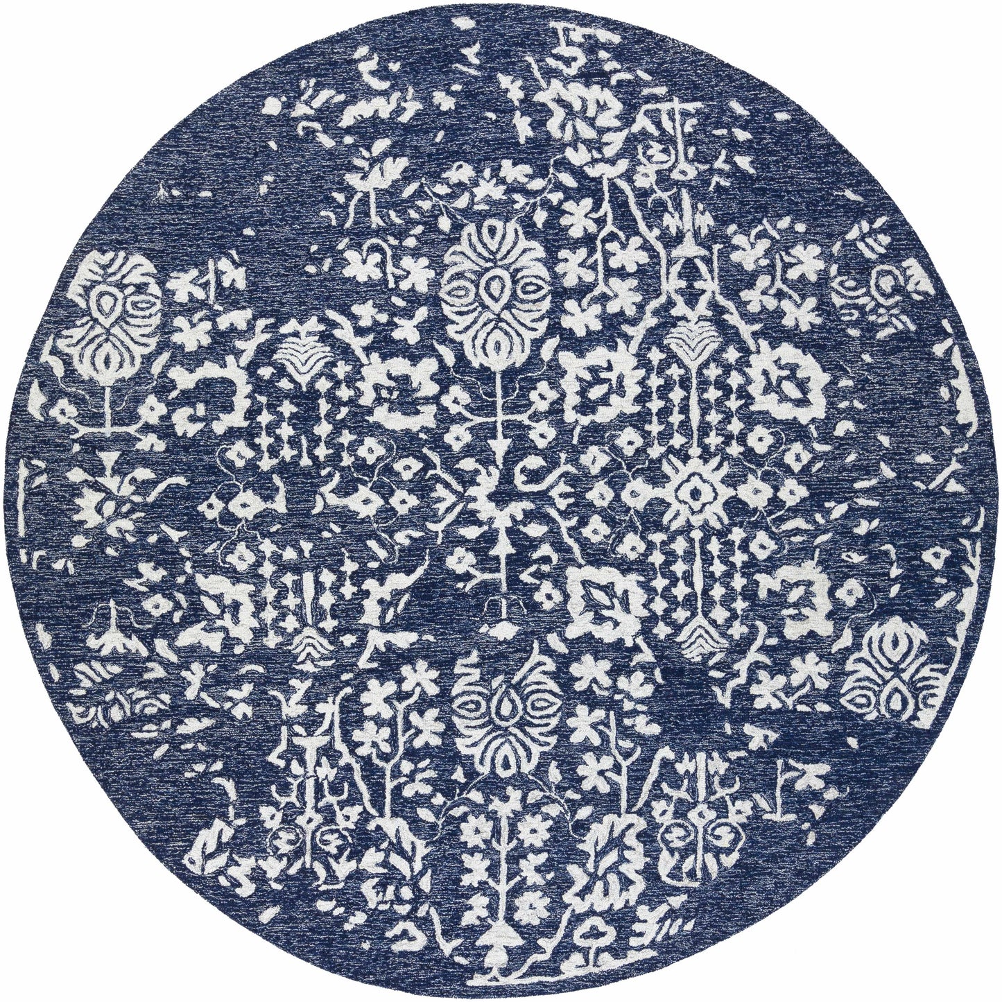 Navy Blue Patterned Wool Area Carpet - 8’ Round - Boutique Rugs