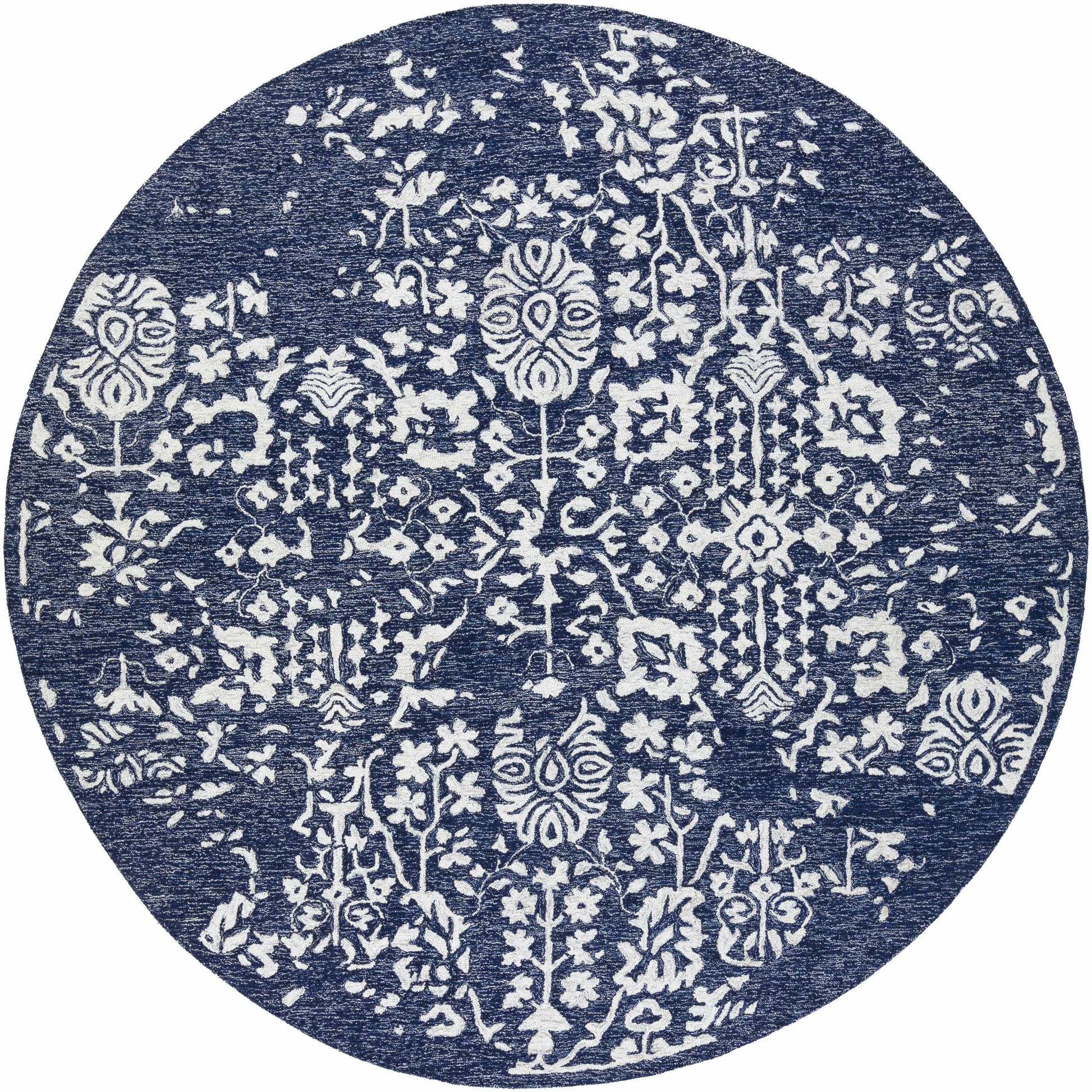Navy Blue Patterned Wool Area Carpet - 8’ Round - Boutique Rugs