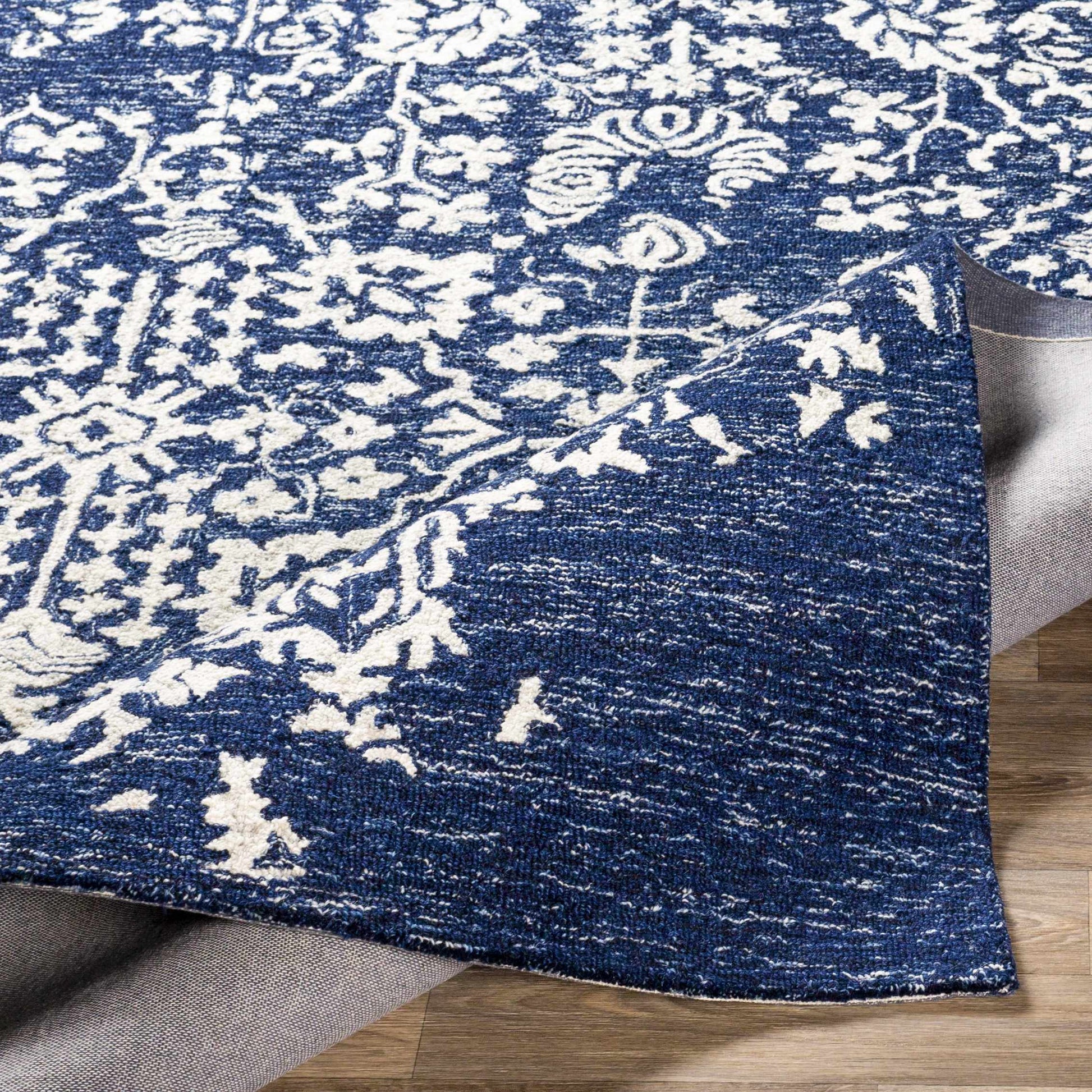 Navy Blue Patterned Wool Area Carpet - Boutique Rugs