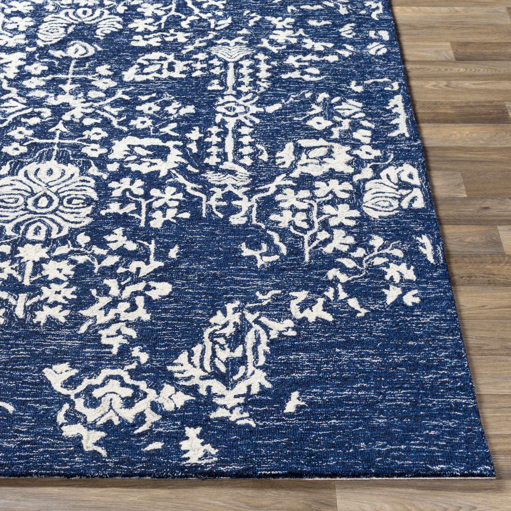 Navy Blue Patterned Wool Area Carpet - Boutique Rugs